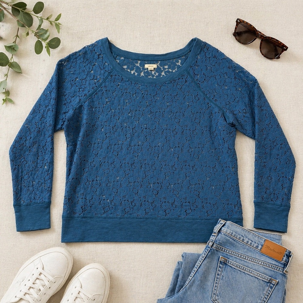 Aerie Women Teal Blue Floral Lace Raglan Long Sleeve Top Large L Ribbed Trim